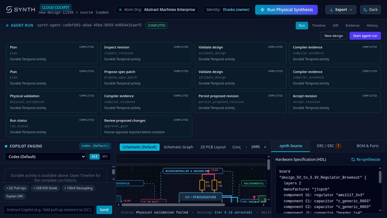 Synth-EE cockpit preview for the prompt-to-board workflow